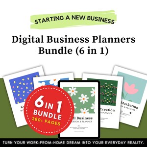 Può includere: Un pacchetto di planner aziendali digitali con sei diversi planner, ognuno con un design floreale. Il pacchetto include planner per la definizione degli obiettivi, il marketing, la creazione e le piccole imprese. Il pacchetto ha oltre 280 pagine ed è intitolato "Pacchetto 6 in 1".
