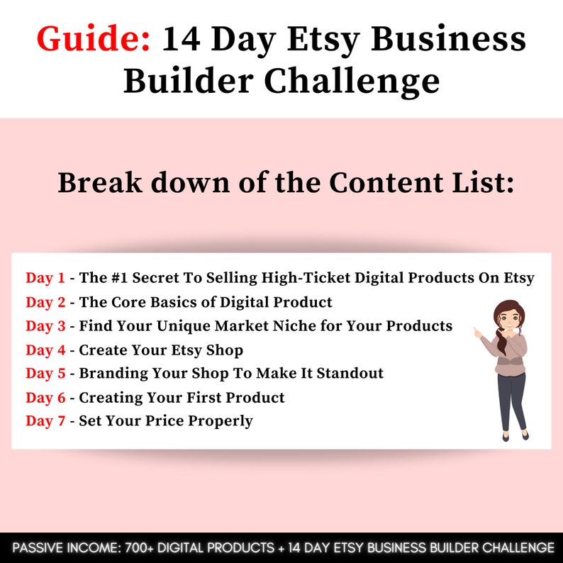 Może przedstawiać: R&oacute;żowa grafika z tekstem "Guide: 14 Day Etsy Business Builder Challenge". Lista treści zawiera tematy takie jak "Sprzedaż cyfrowych produkt&oacute;w o wysokiej cenie" i "Tworzenie sklepu Etsy". Kresk&oacute;wkowa kobieta wskazuje na listę. Dolny tekst brzmi "PASSIVE INCOME: 700+ DIGITAL PRODUCTS + 14 DAY ETSY BUSINESS BUILDER CHALLENGE."