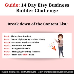 Może przedstawiać: R&oacute;żowa grafika z tekstem "Guide: 14 Day Etsy Business Builder Challenge". Obraz zawiera podział listy treści, ilustrację kobiety i tekst "Passive Income: 700+ Digital Products + 14 Day Etsy Business Builder Challenge."