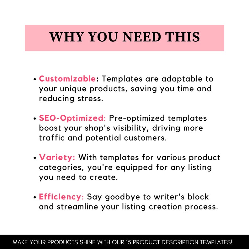May include: A pink banner with the text "WHY YOU NEED THIS" in white.  The text below the banner lists four reasons why you should use product description templates: Customizable, SEO-Optimized, Variety, and Efficiency.