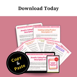May include: A digital download of 15 product description templates for Etsy sellers. The templates are designed to help sellers write engaging and informative product descriptions. The image shows a mockup of the templates, with the text "Download Today" at the top.