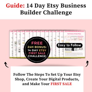 Może przedstawiać: R&oacute;żowa grafika z tekstem "Guide: 14 Day Etsy Business Builder Challenge". Zawiera stos przewodnik&oacute;w, czarne koło z napisem "FREE 24H BONUS: 14 DAY ETSY FIRST SALE CHALLENGE" i tekst "Easy to Follow". Na dole znajduje się tekst: "Follow The Steps To Set Up Your Etsy Shop, Create Your Digital Products, and Make Your FIRST SALE."