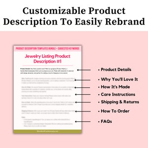 May include: A printable template for creating jewellery product descriptions for Etsy listings. The template includes a list of suggested keywords and sections for product details, why you'll love it, how it's made, care instructions, shipping and returns, how to order, and FAQs.