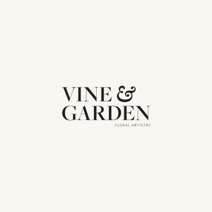 May include: A minimalist logo design featuring the words "VINE & GARDEN" in a serif font, with "FLORAL ARTISTRY" below. The text is in black against a cream background, suggesting a floral design business.