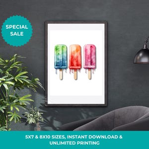 May include: Three watercolor popsicles on a white background. The popsicles are blue, orange, and pink. The popsicles are melting and dripping. The image is in a black frame.