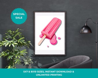 May include: A pink popsicle melting on a white background. The popsicle is dripping pink liquid. The image is framed in a black frame.