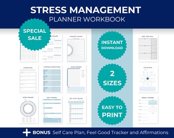 May include: A stress management planner workbook with various trackers, including a mood tracker, daily journal, and sleep tracker. The workbook is available in two sizes and is easy to print. Includes a bonus self-care plan, feel-good tracker, and affirmations.
