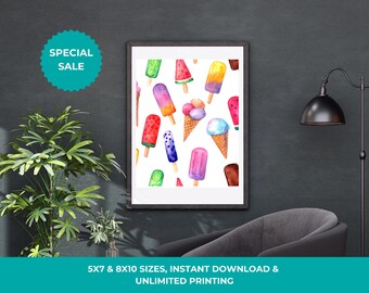 May include: A framed print featuring a watercolor pattern of colorful ice pops and ice cream cones on a white background. The print includes popsicles in various colors, including red, purple, and yellow. The text "SPECIAL SALE" is visible.