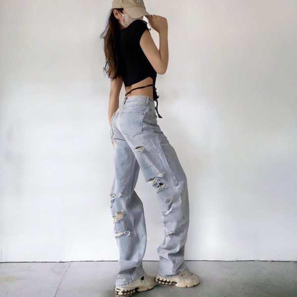 Vintage Women Y2K Jeans ripped Urban Style Mittlere Taille Baggy Jeans mid Waist – Streetwear Breite Bein Hosen/Streetwear Y2K Pants 2000er