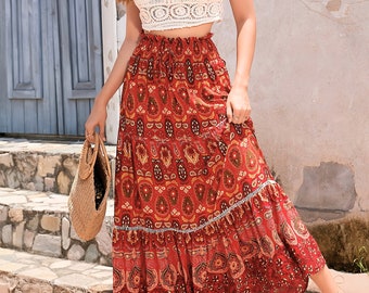 Langer Bunt Gemusterter Maxi Rock in Rot / Boho Hippie Rock / Sommerrock