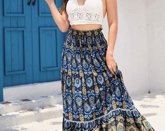 Long colorful patterned maxi skirt in blue / boho hippie skirt / summer skirt