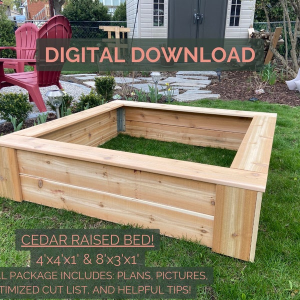 DIY Cedar Raised Garden Bed Plans 4'x4' & 8'x3' Digital Instant Download