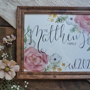 Dipinto ad acquerello personalizzato per la famiglia o gli sposi novelli con fiori - Regalo per addio al nubilato o anniversario - Nome e data personalizzati