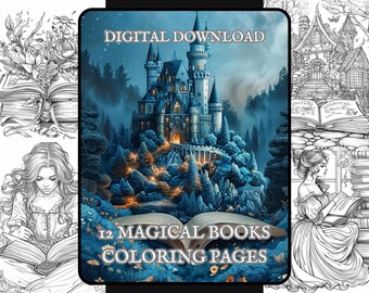 May include: A digital download of 12 colouring pages featuring magical books with a castle in the background. The castle is blue and white with a glowing light inside. The books are open and have a magical feel.