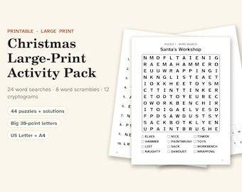 Weihnachtliche Wortsuche in Großdruck, 44 Rätsel, Wortsalate, Kryptogramme für Senioren (Digitaler Download)