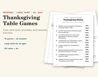 Thanksgiving-Tischspiele für alle Altersgruppen, Quiz in Großdruck, Wortsuche, Buchstabenspiele (Digitaler Download)