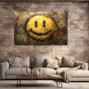 Smiley Face Art Canvas, Graffiti Painting on Canvas, Yellow Smile Wall Art Canvas, Childrens Room Wall Art,  Art Canvas Gift for Kids