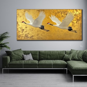 Gold Crane Framed Canvas Art, Crane Print Art,Birds Wall Decor, Room Wall Decor, Animal Painting Canvas,Japanese Art Canvas, Golden Wall Art