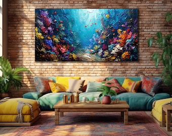 Blue Ocean Canvas Art, Print for Bedroom Decor, Fishes Wall Decor, Sea Oil Painting,Animal Print on Canvas, Underwater Life Painting Art