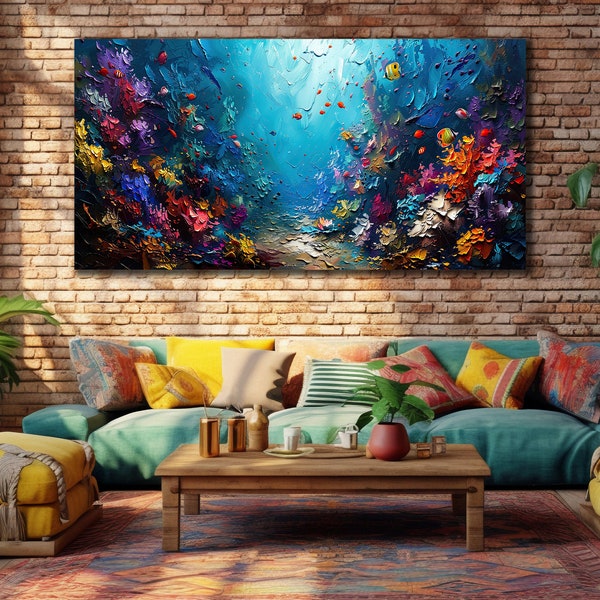 Blue Ocean Canvas Art, Print for Bedroom Decor, Fishes Wall Decor, Sea Oil Painting,Animal Print on Canvas, Underwater Life Painting Art