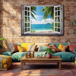 Window View Beach Sand Dunes And Grass Painting , Faux Window Wall Art ,Canvas Print Art, Ocean Painting Canvas, Beach Wall Decor
