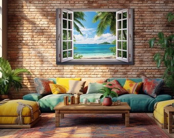 Canvasprint strandzicht: oceaanschildering imitatieraam, muurkunst kust