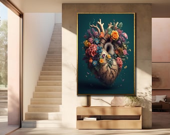 Flower Heart Canvas, Heart Wall Decor, Living Room Decor, Cardiology Wall Art, Floral Heart Print Canvas, Anatomical Flower Paintings