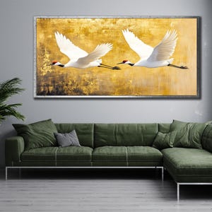 Gold Crane Framed Canvas Art, Crane Print Art,Birds Wall Decor, Room Wall Decor, Animal Painting Canvas,Japanese Art Canvas, Golden Wall Art