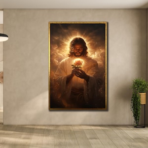 Jesus Christ with Flower Canvas, Jesus Wall Art, Jesus Print Art, 3d Jesus Canvas Art,Spiritual Wall Decor, Religious Painting On Canvas