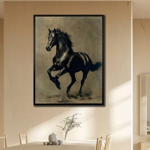 Horses Painting on Canvas, Black Horse Wall Art, Contemporary Wall Decor, Animals Poster, Horses Framed Canvas Art, Wild Horses Painting