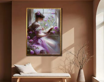 Reading by the Window Canvas Painting:Elegant Woman Wall Art, Feminine Beauty Artwork