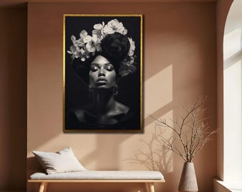 African Woman With Flower Head: Elegant Roses Canvas Wall Art