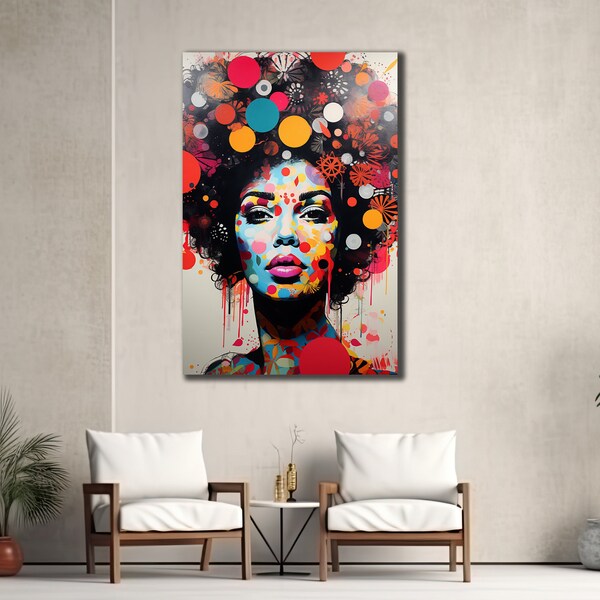 Kleurrijke Afrikaanse vrouw canvas, etnische schilderkunst, pop-art wanddecoratie, slaapkamer wanddecoratie, Afro Girl kunst aan de muur, spirituele poster, woondecoratie