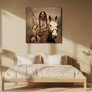 May include: A painting depicting a Native American man riding a horse. The man is wearing traditional clothing and a headdress. The horse is white with brown markings. The painting is set against a backdrop of a landscape.