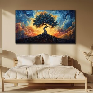 Tree Painting on Canvas, Yggdrasil Wall Art, Nature Wall Decor, Tree of Life Poster, Home Decor Gift Art, Colorful Nature Wall Art Print