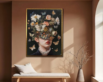 Floral Woman Portrait Painting: Floral Bouquet Girl Wall Art, Elegant Feminine Beauty Artwork