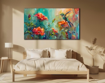Hummingbird Canvas Art: Colorful Floral Print for Bedroom Decor