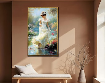 Victorian Garden Canvas Painting:Romantic Impressionist Woman Wall Art, Feminine Beauty Artwork