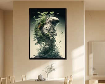 Astronaut and Flowers Canvas Art: Colorful Galaxy Painting, Space Wall Decor