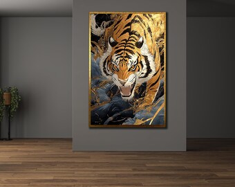 Tiger in Gold Wall Art, Leopard Canvas, Asian Wildlife Wall Decor, Elegant Home Poster