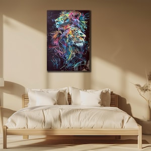 Colorful Lion and Lioness Canvas, Lion Family Painting, Graffiti Lion Wall Art, Farmhouse Animals Wall Art, Animal Wall Decor for Couples