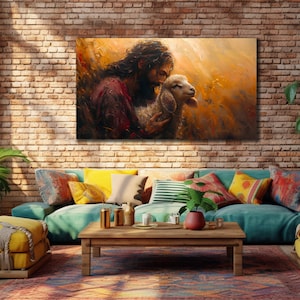 Jesus And Lamb Canvas Print, Jesus Wall Art, House Gift İdea, Bedroom Wall Decor,Christian Art Poster, Home Decor, Religious Canvas Art