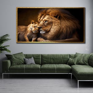 Lion and Lioness  Canvas Print, Brown Lion Family Painting Art, House Gift İdeas, Farmhouse Wall Decor, Animals Wall Art, Couple Lion Poster