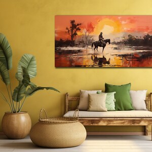 Cowboy Painting on Canvas, Cowboy on Horse Wall Art, Texas Wall Decor, Man Cave Poster, Ready To Hang Decoration, Wild West Printing Canvas