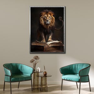Lion and Book Canvas Print: Divine Power Spiritual Wall Art image 2