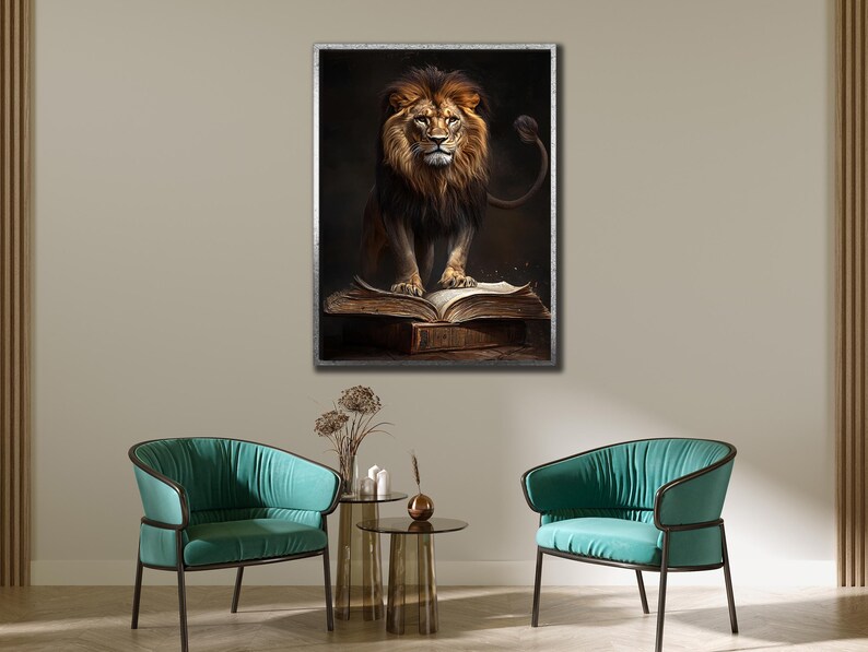 Lion and Book Canvas Print: Divine Power Spiritual Wall Art image 2