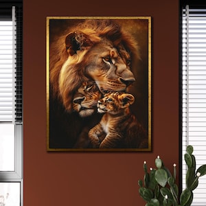 Impression sur toile lion et lionne, tableau famille lion marron, idées cadeau maison, décoration murale ferme, art mural animaux, affiche couple lion