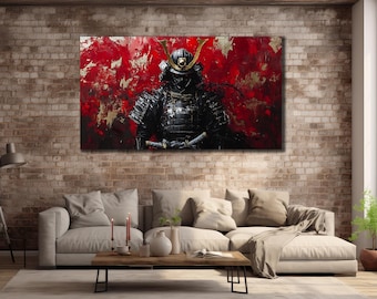 Könnte beinhalten: Ein Gemälde eines Samurai-Kriegers in schwarzer Rüstung vor einem roten Hintergrund. Der Krieger hält ein Schwert und hat einen grimmigen Gesichtsausdruck.