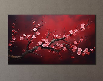 Red Flowers Canvas Art, Sakura Blossoms Wall Decor, Print on Canvas, Living Room Decor, Asian Japanese Wall Art, Wall Hanging, Nature Art