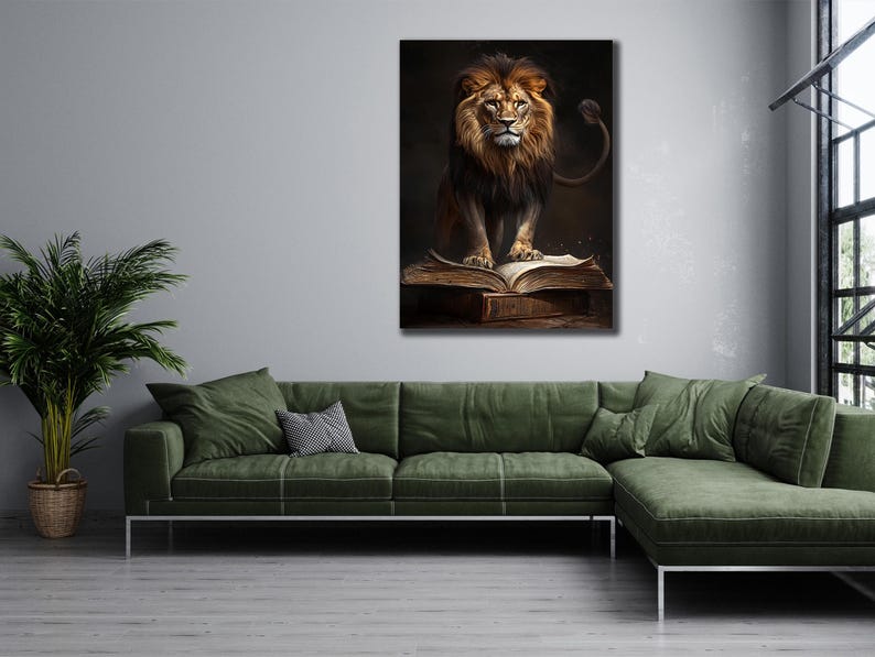 Lion and Book Canvas Print: Divine Power Spiritual Wall Art image 3